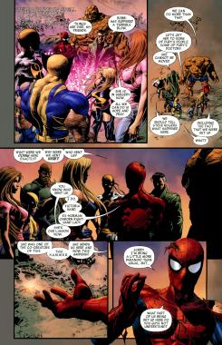 Interior del cómic estadounidense The New Avengers Vol.2 #11, arte por Mike Deodato Jr.