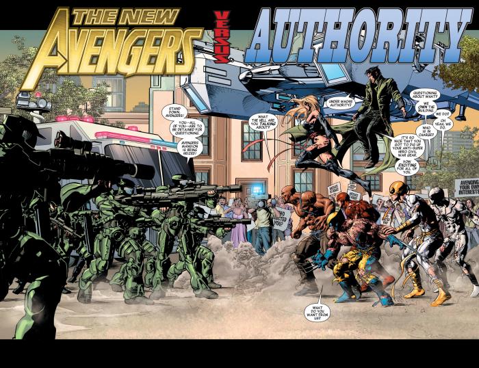 Interior del cómic estadounidense The New Avengers Vol.2 #22, arte por Mike Deodato Jr.