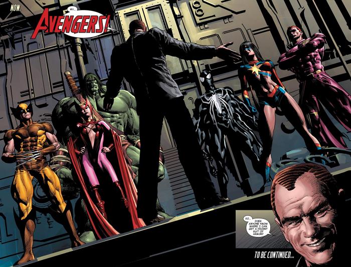 Interior del cómic estadounidense The New Avengers Vol.2 #18, arte por Mike Deodato Jr.