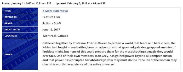 Información sobre la producción de X-Men: Supernova