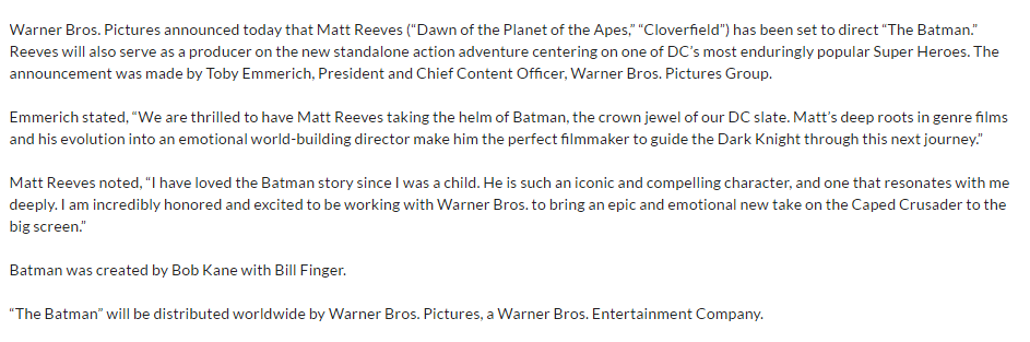 Matt Reeves to Direct and Produce “The Batman”