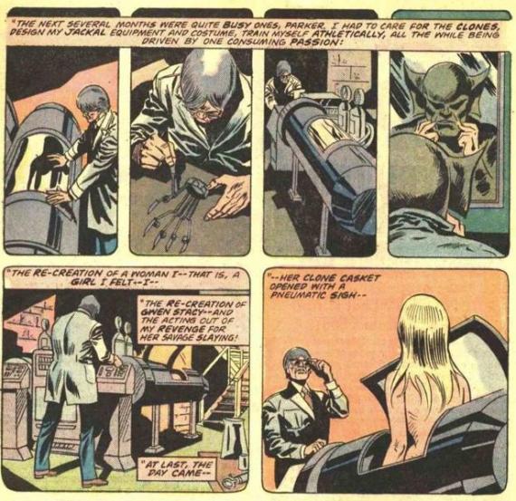 Interior del cómics Amazing Spider-Man #149, Miles Warren / Chacal clonando a Gwen Stacy