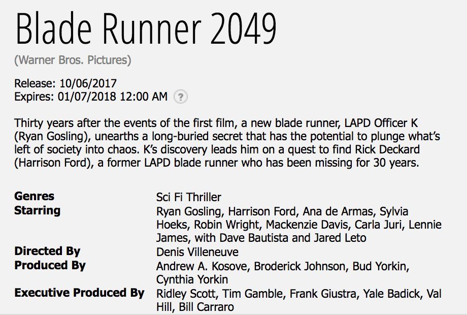Ficha y sinopsis oficiales de Blade Runner 2049 (2017)