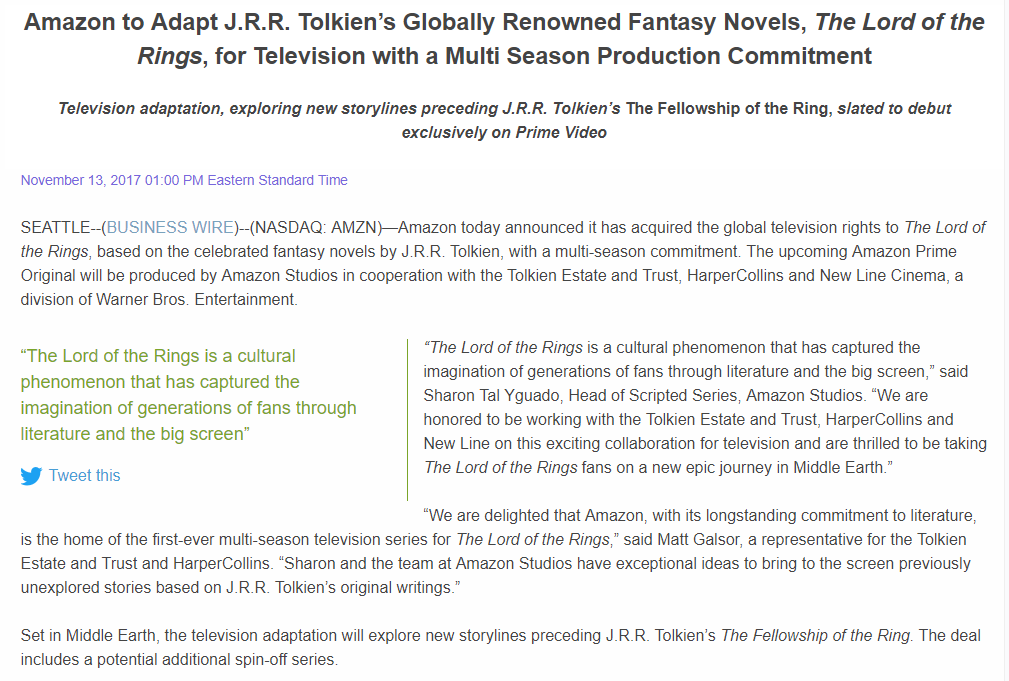 Amazon to Adapt J.R.R. Tolkien’s Globally Renowned Fantasy Novels The Lord of the Rings for Television with a Multi Season Production Commitment Business Wire (1)
