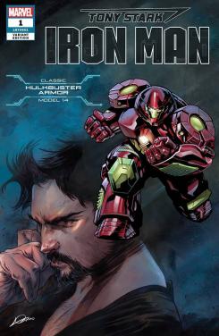 Portada alternativa de Iron Man #1 (junio 2018), la Hulkbuster Armor (modelo 14)