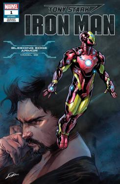 Portada alternativa de Iron Man #1 (junio 2018), la Bleeding Edger Armor (modelo 38)