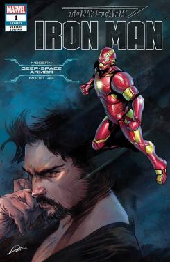 Portada alternativa de Iron Man #1 (junio 2018), la Deep-space Armor (modelo 45)
