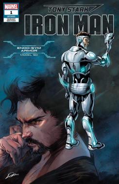 Portada alternativa de Iron Man #1 (junio 2018), la Endo-Sym Armor (modelo 50)