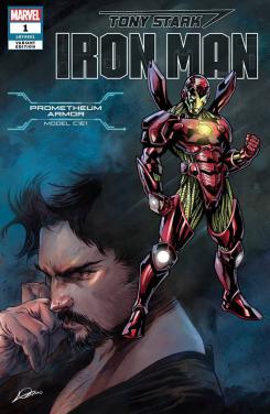 Portada alternativa de Iron Man #1 (junio 2018), la Prometheum Armor (modelo C1E1)