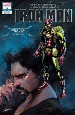 Portada alternativa de Iron Man #1 (junio 2018), la Iron Man 2020 Armor (modelo XX)