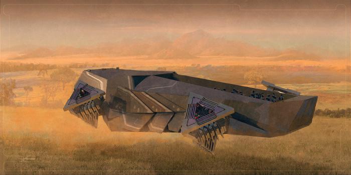 Concept art de nave de combate en Vengadores: Infinity War (2018), arte por Sean Hargreaves