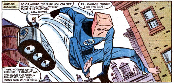 Imagen de Bag-Man, traje de Spider-Man cuando los Cuatro Fantásticos le quitan el simbionte